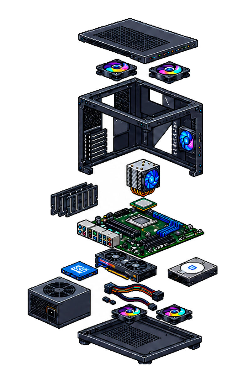 Vista explotada de un PC mostrando todos sus componentes